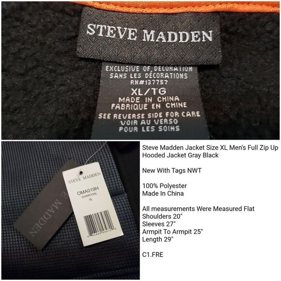 Steve Madden Jacket Size XL Men's Full Zip Up Hooded Jacket Gray Black - Picture 4 of 4